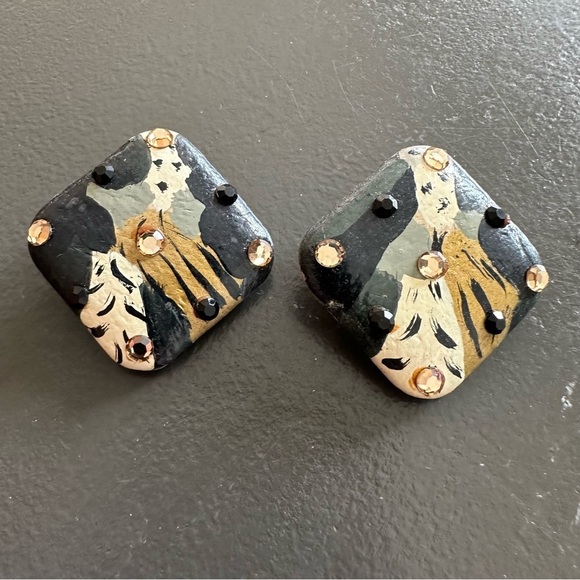 Vintage 1990s Leather Square Clip On Earrings Diamond Jewels 90s Animal Print - Picture 1 of 8